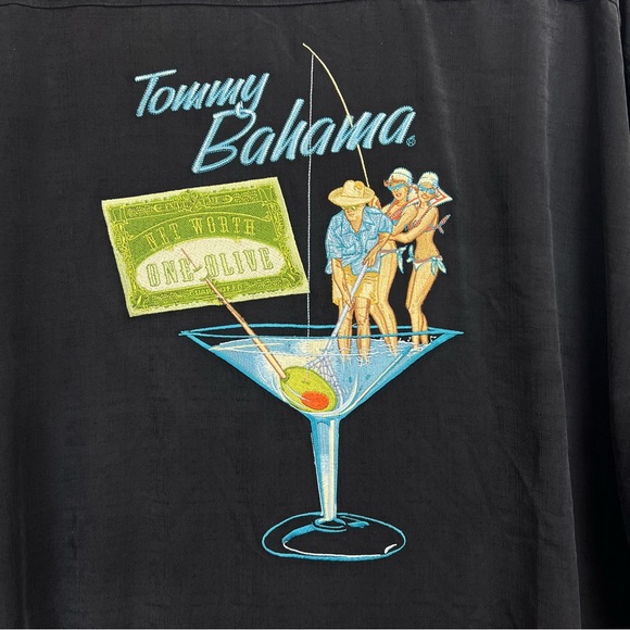 TOMMY BAHAMA Embroidered Martini Fishing Casual Shirt Size XL 100% Silk Black - Picture 2 of 10